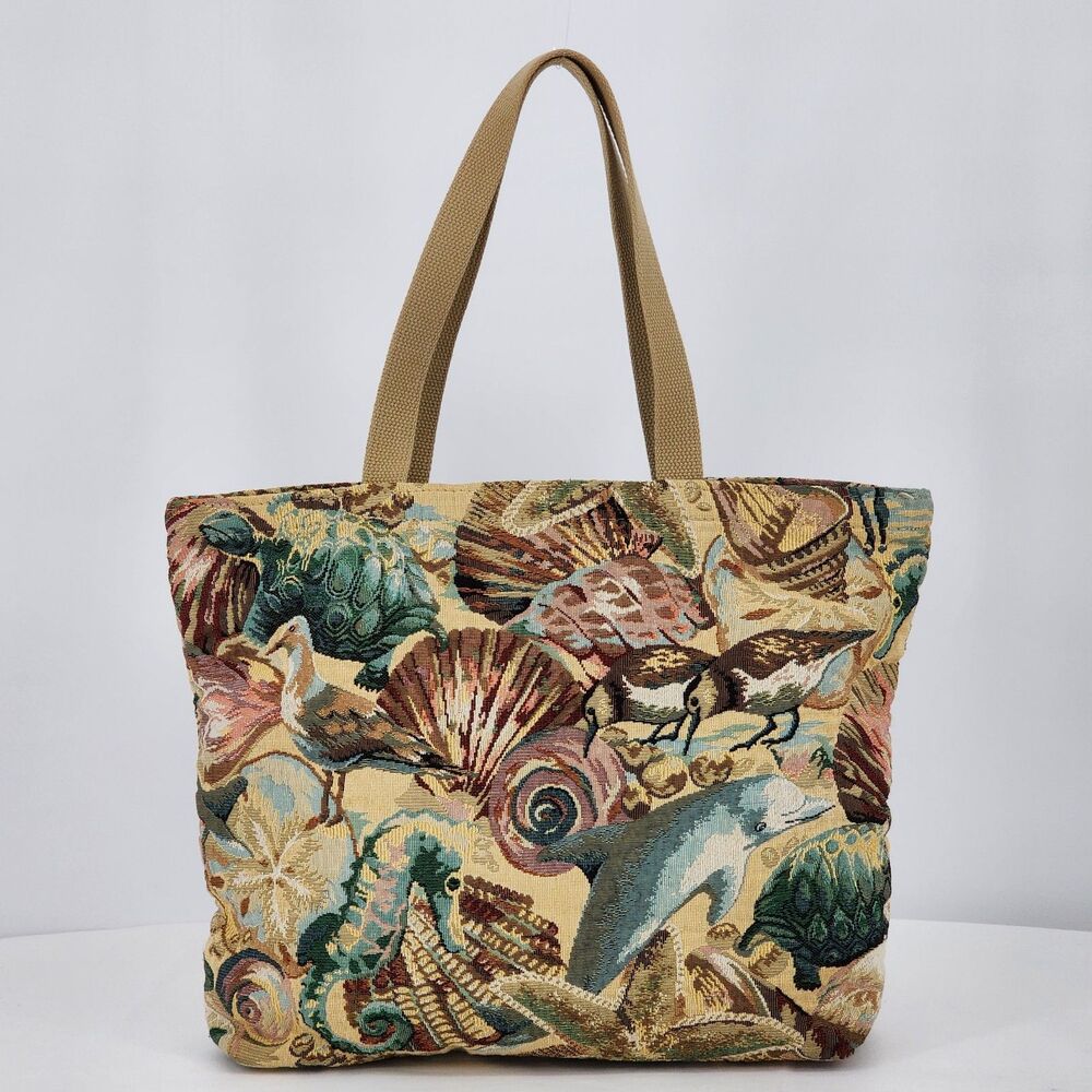 Vintage Sea Creature Tapestry Shopper Tote Bag Ocean Dolphin Turtle Shells